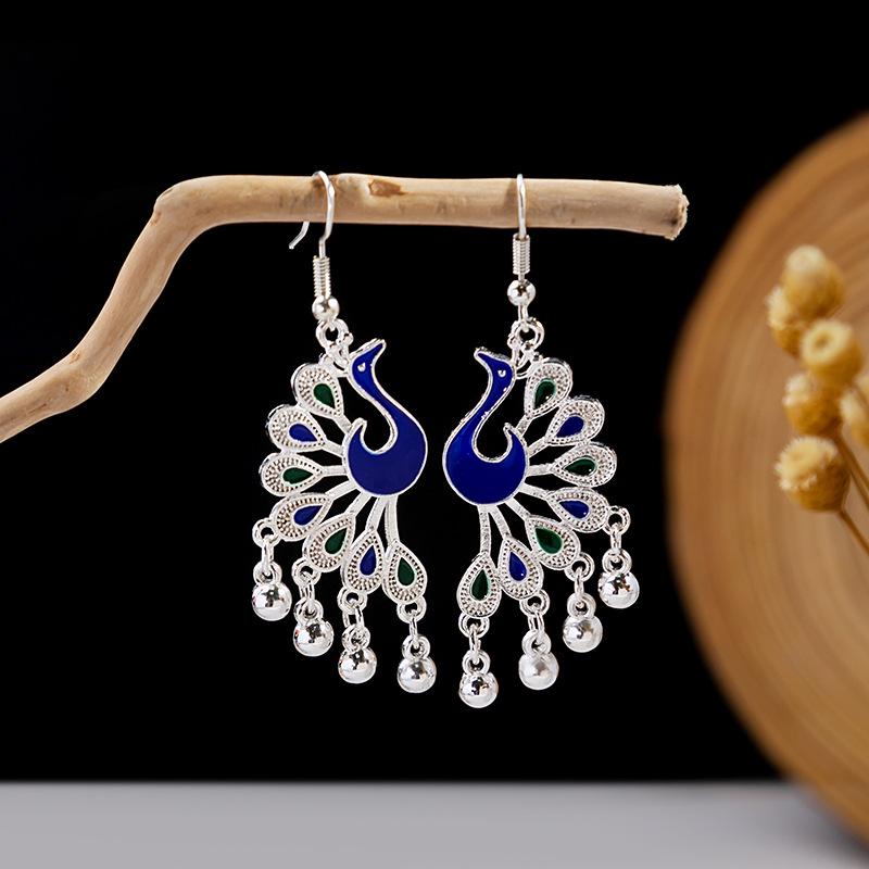Cloisonné Pfau Ohrringe: Miao Silber Phönix Totem Glockendesign, Beliebt an landschaftlich reizvollen Orten