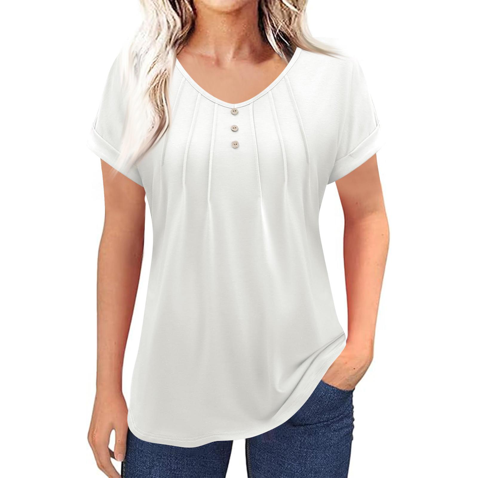 

Womens Summer Tops Casual Ruffle Short Sleeve Crewneck Loose Pleated T Shirts S білий