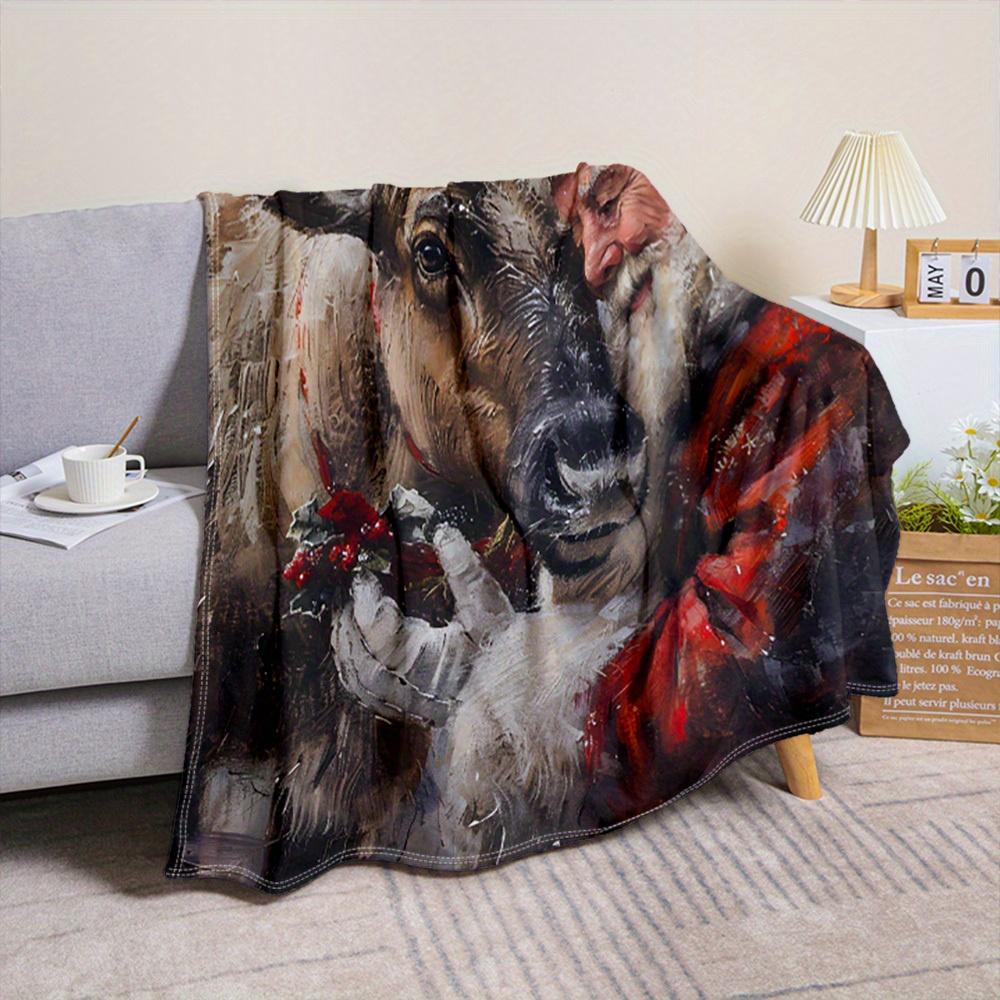 1pc, Santa Claus with Deer Christmas Sofa Flannel Blanket, Soft and Warm Sofa Throw, Christmas Wreath Fleece Blanket for Camping