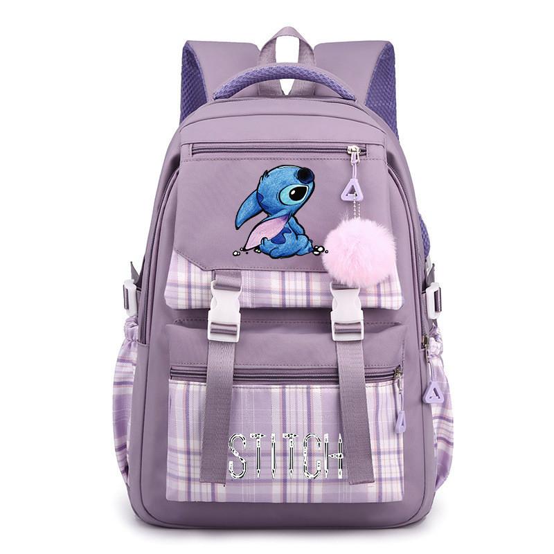 Cute Girl Backpack For School With Stitch Print And Checkered Patchwork Design For Middle School Students