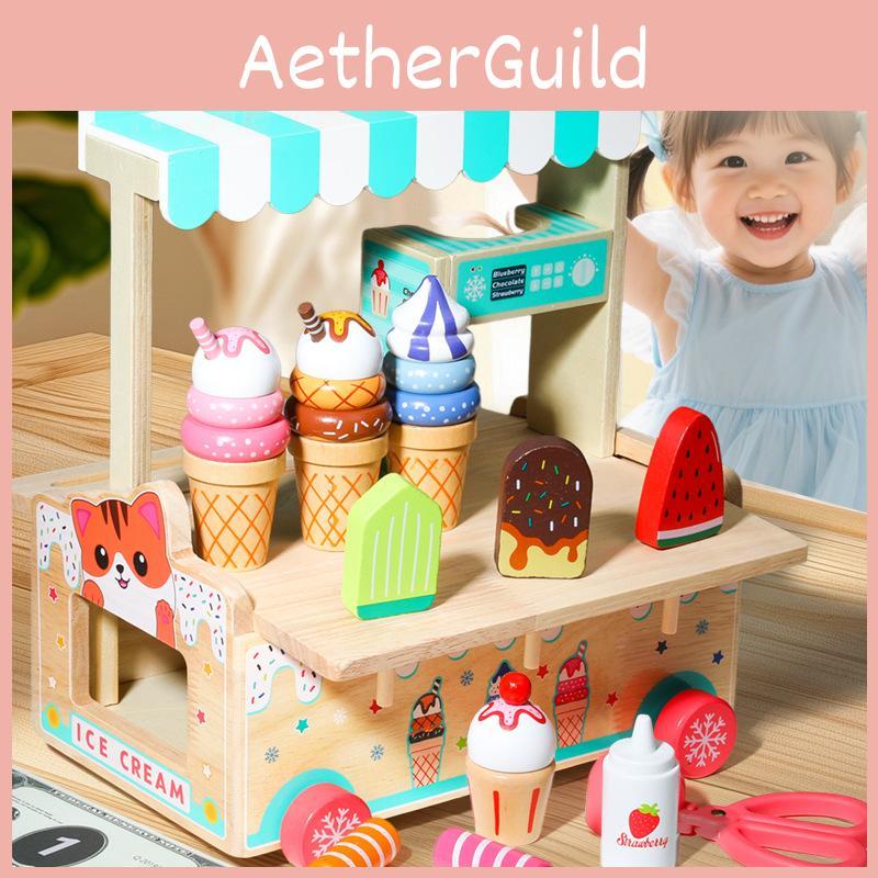 Wooden Ice Simulation Cream Cart Children Role Playing Toy Set For Imagine Play