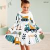 Little Girls White High Neck Fuzzy Trim Long Sleeve Tie Waist Motorcycle Printed A Line Flared Dress