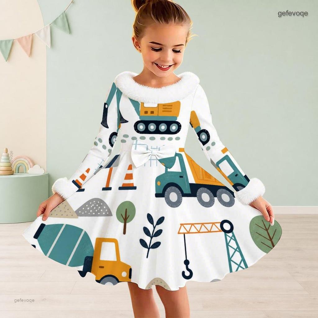 Little Girls White High Neck Fuzzy Trim Long Sleeve Tie Waist Motorcycle Printed A Line Flared Dress