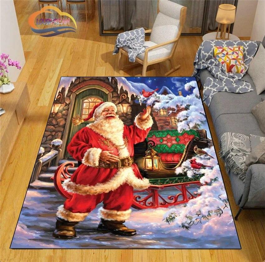 Christmas Rug Santa Playroom and Bedroom Plush Carpet Non-slip Soft Play Mat Bed Area Rug Parlor Decor