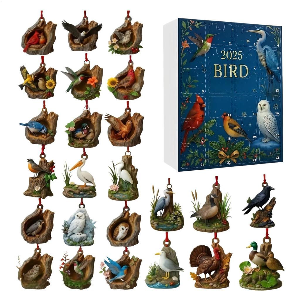 2025 Tree Hole Bird Advent Calendar 24 Day Christmas Countdown Calendar 2D Flat Tree Hole Bird Hanging Decoration