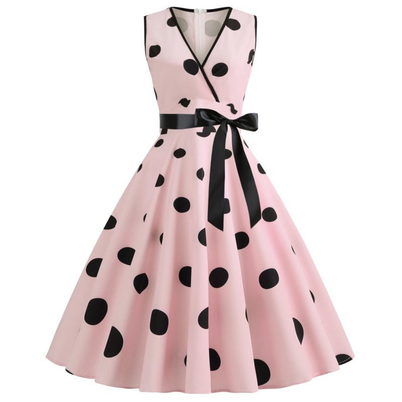 Z Women's V-Neck Polka Dot Sleeveless Tie-Waist Retro Summer Swing Dress