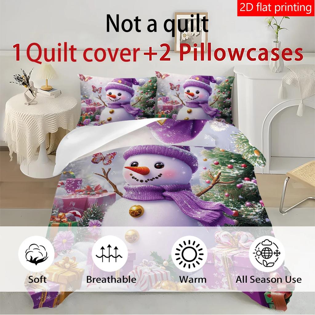 3PCS Christmas Snowman Cute Quilt Cover Set, high-definition printed bedding set, 1pc quilt cover +2pc pillowcase without pillow