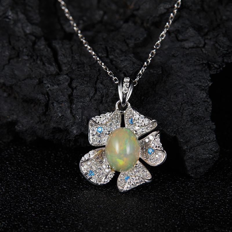 Xiaohongshu Earrings Flower Pendant S925 Sterling Silver Inlaid Natural Opal Gemstone Necklace Women'S Jewelry