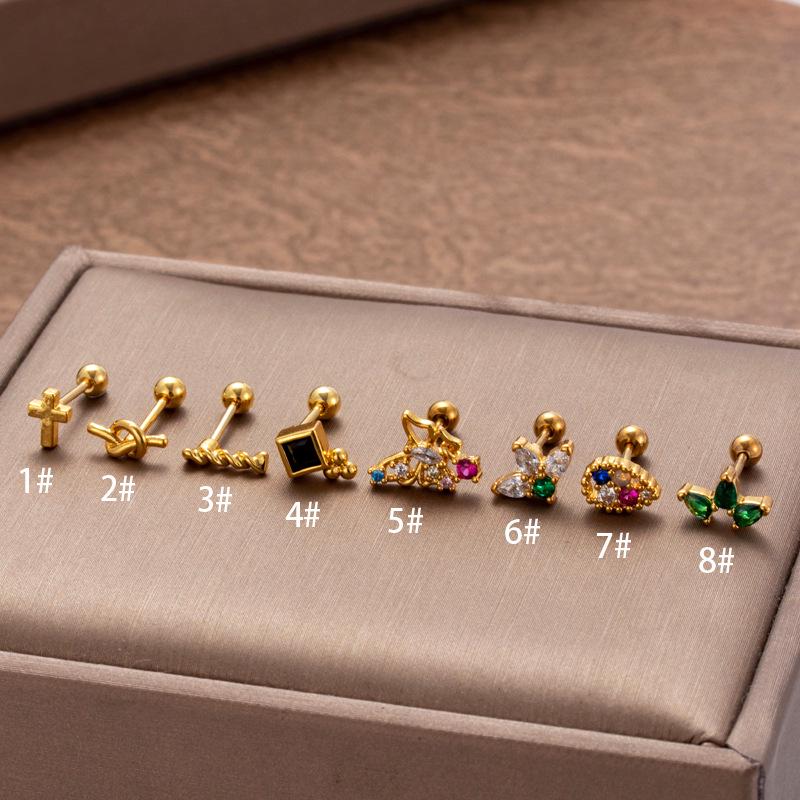 Henson Stainless Steel Double-Headed Zircon Butterfly Stud Earrings