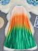 European & American Gradient Rainbow Pleated Midi A-line Skirt for Women - Versatile Slimming Style