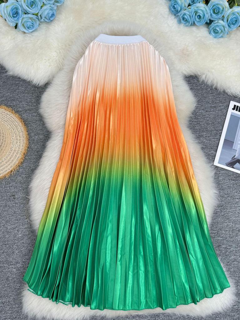 European & American Gradient Rainbow Pleated Midi A-line Skirt for Women - Versatile Slimming Style