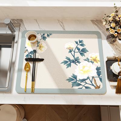 Chinese Classical Kitchen Absorbent Drain Pad Dish Drying Mat Rubber Tableware Drain Pad Dinnerware Cup Bottle Rug Tableware Mat