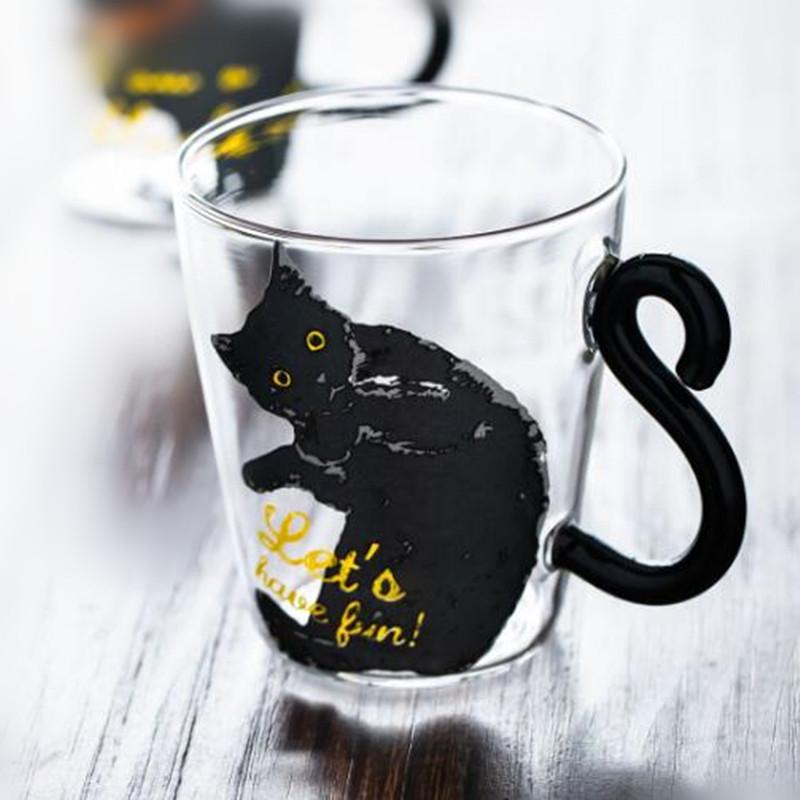 250 ml Cute  Black Cat Glass Coffee Mug Set Handgrip Animal Shaped Milk Water Juice Mugs Tea Cup Japanese Style Kawaii Gift Home
