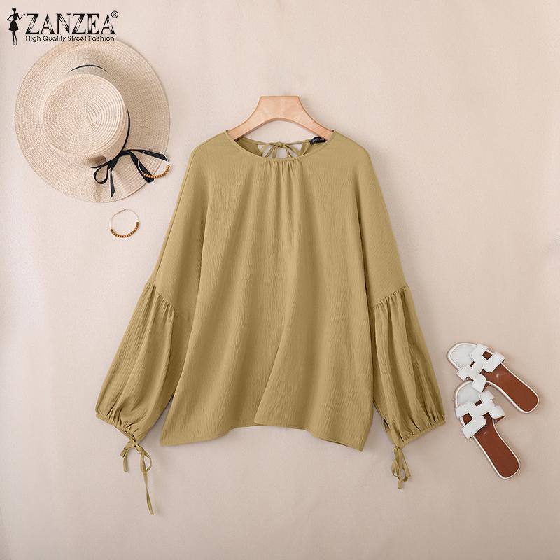 ZANZEA Women Casual Round Neck Loose 3/4 Sleeve Solid Blouse