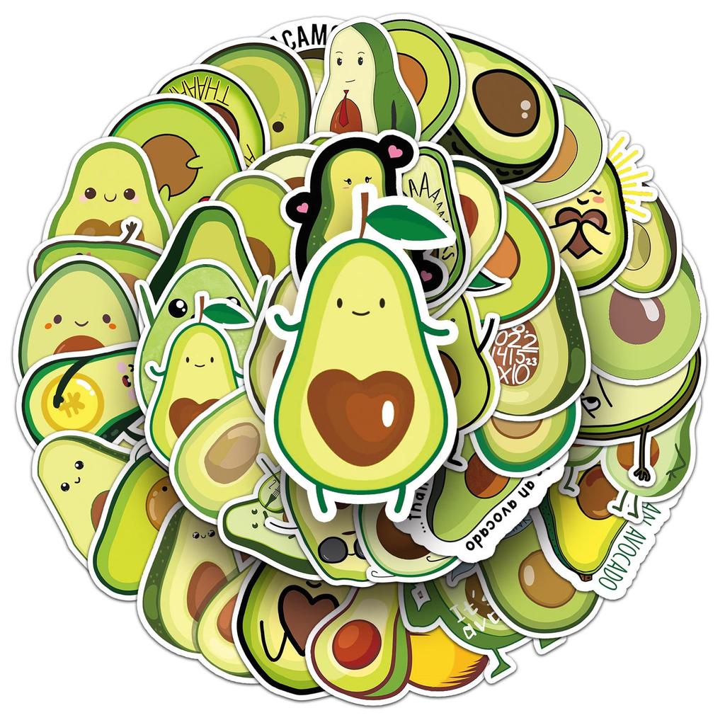 50 Avocado Cartoon Stickers - Fruit, Waterproof, Colorful for Phone, Luggage, Stationery Decor