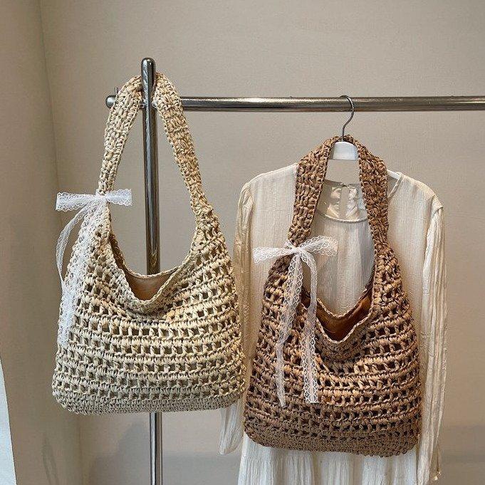 Yogodlns Fashion Crochet Straw Bag for Women Raffia Woven Tote Handbag New Hollow Clutch Beach Bag for Vacation Casual Totes