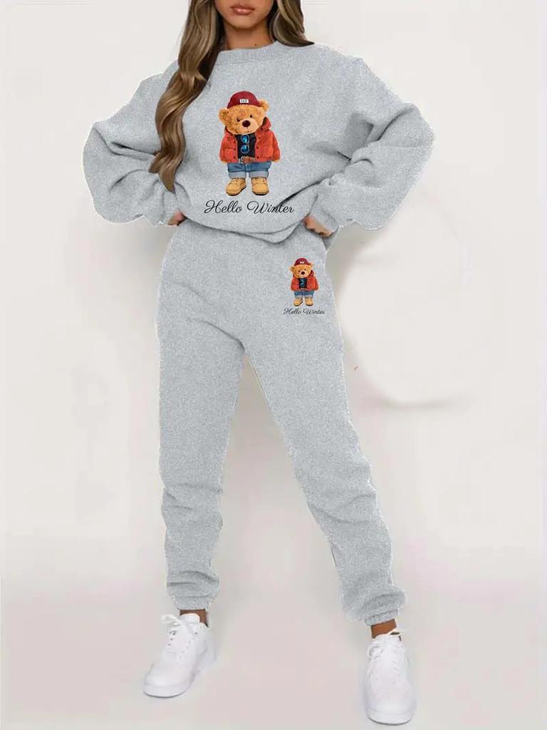 Versatile Cartoon Bear 3D Printing Two-Piece Set Long-Sleeved Sweater Trousers Casual Loose Sweater Set