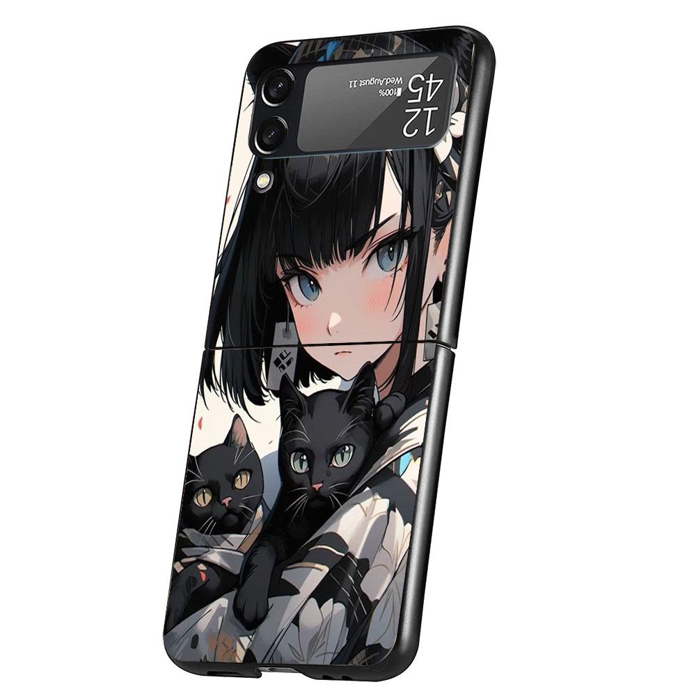 Anime Girls Cute Black Cat Cover Phone Case For Samsung Galaxy Z Flip 7 6 5 4 3 5G Flip7 Flip6 Flip5 Flip4 Flip3 Black Fundas Sh