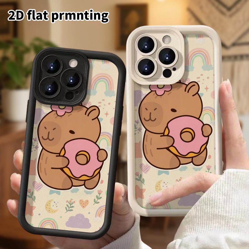 Phone Case: 2D Flat Design Suitable for iPhone 18, 17, 16, 15, 14, 13 Pro Stepped Protective Case, Hugging a Sweet Donut Capybara, Christmas and Hallo