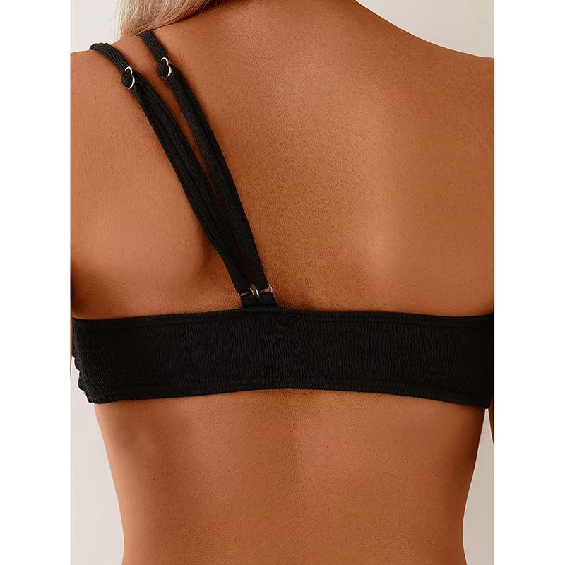 Fashionable Ladies Bikini Hollow Design Sexy Solid Color Beach Vacation Swimming Suit Shoulder Strap Triangle Panty Swimwear