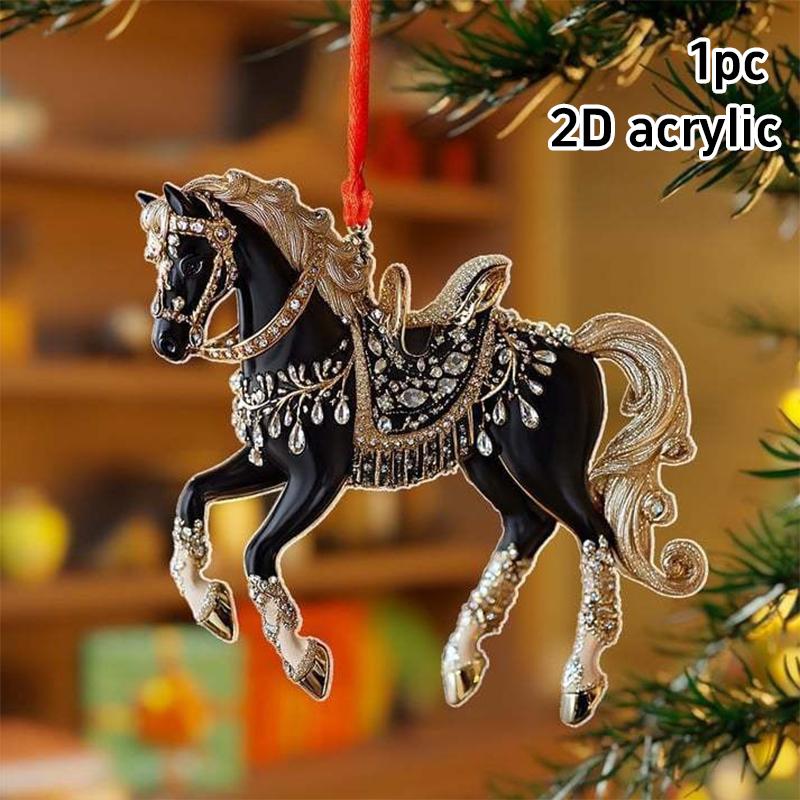 2D Acrylic Horse Car Rearview Mirror Pendant Charm Christmas Tree Ornament Party Latest Year Hanging Keychain Christmas Decorations
