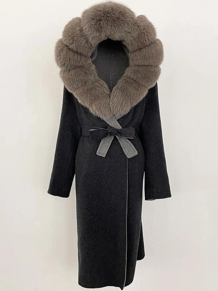 OFTBUY Winter Women Coat Real Natural Fox Fur Hooded Detachable Collar Double-faced Woolen Jacket Long Casual Elegant Overwears