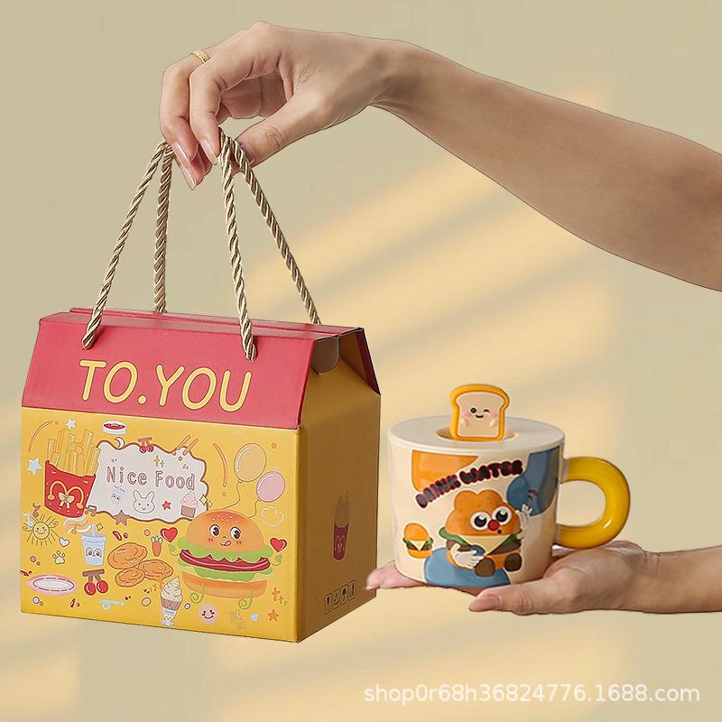 Cute Ceramic Cup Household Mug with Lid Spoon Cartoon Water Cup Female Student Dormitory Breakfast Milk Coffee Cup