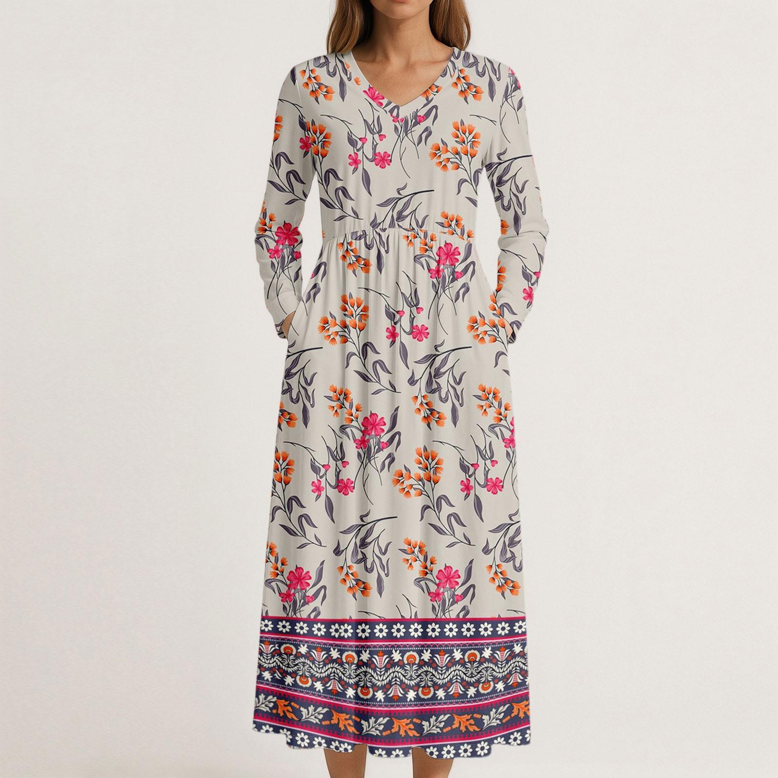 

Платье для женщин длинное бохо пляжное платье элегантное макси-платье V-образный вырез длинный рукав платье с карманами XXL бежевый