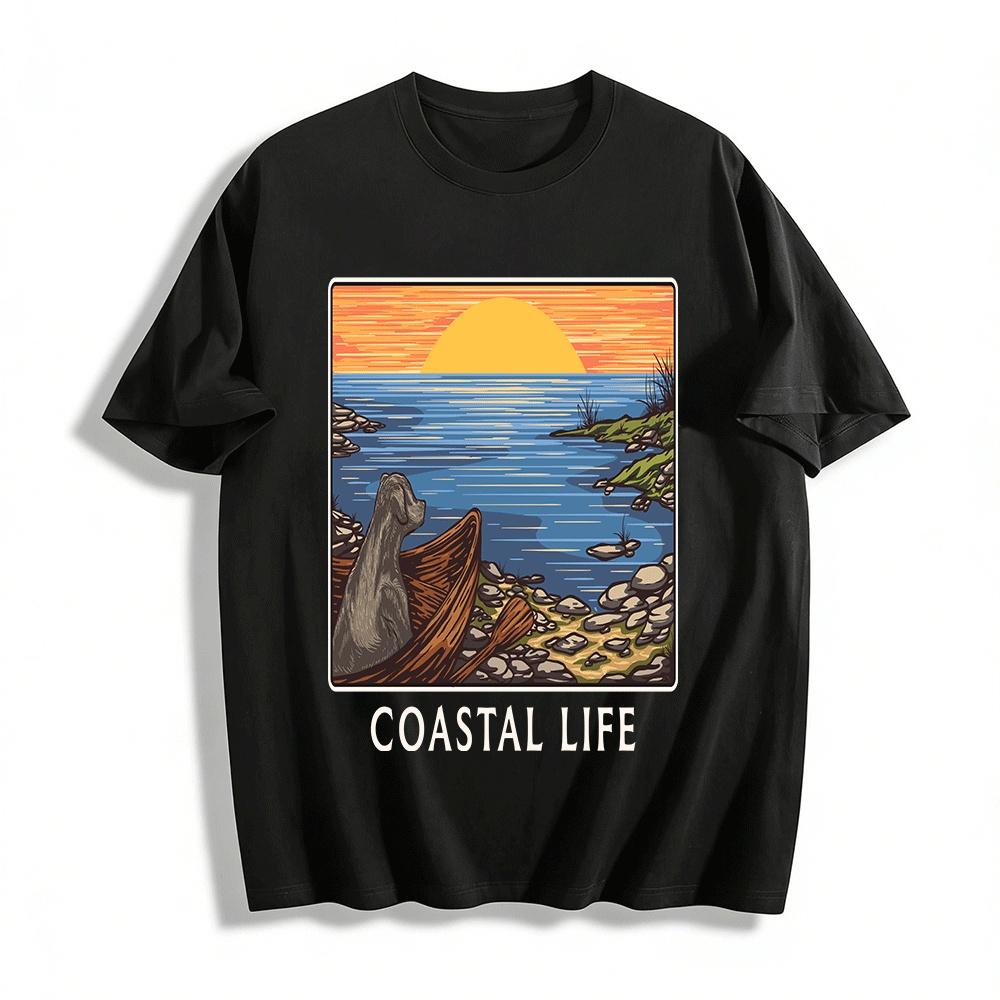 

Coastal Life Sunset Dog Rowing Boat Graphic Casual Top Pure cotton T-shirt XXS