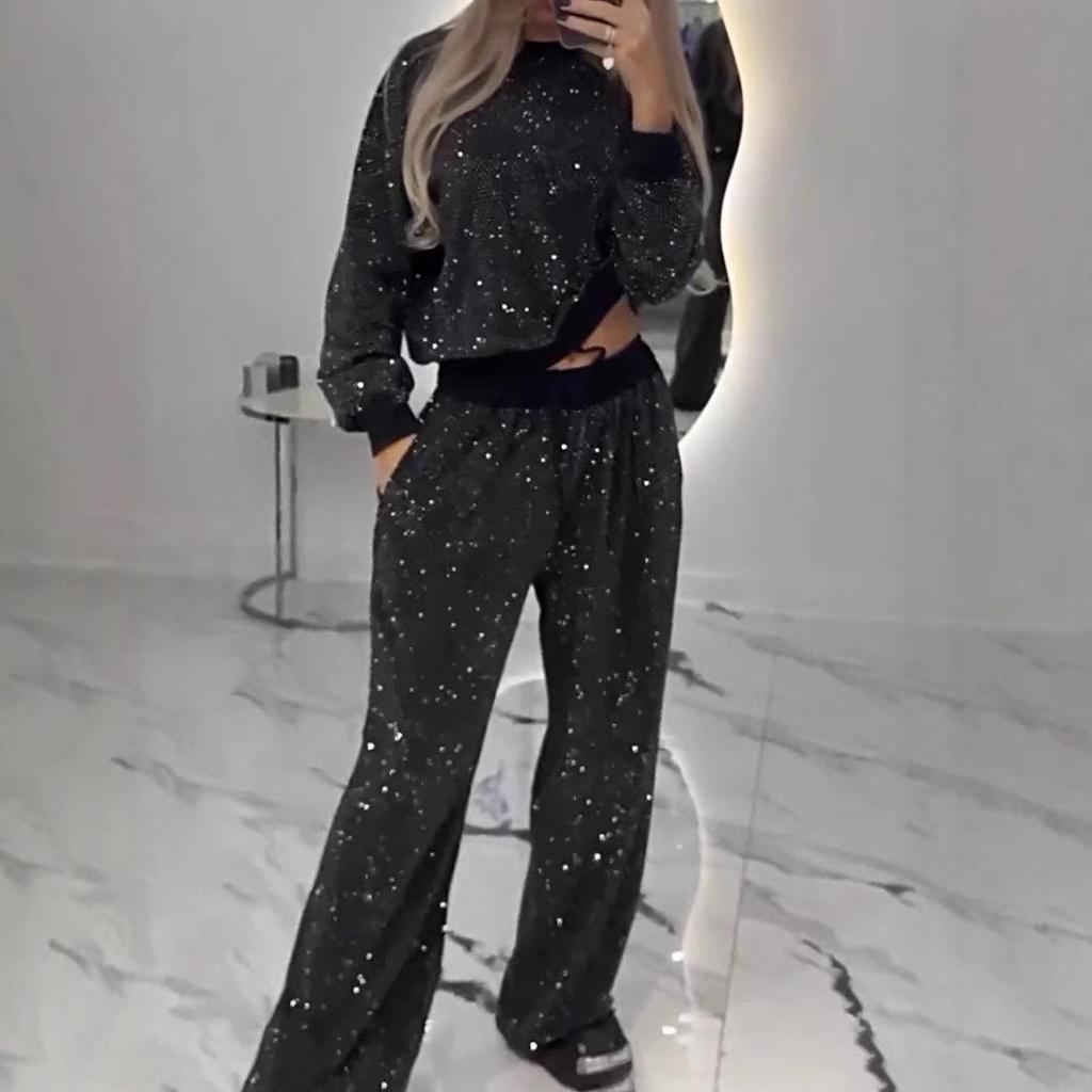 Women's Starry Sky Long-Sleeve Round Neck Loose Top & Drawstring Wide-Leg Pants Set for Autumn/Winter