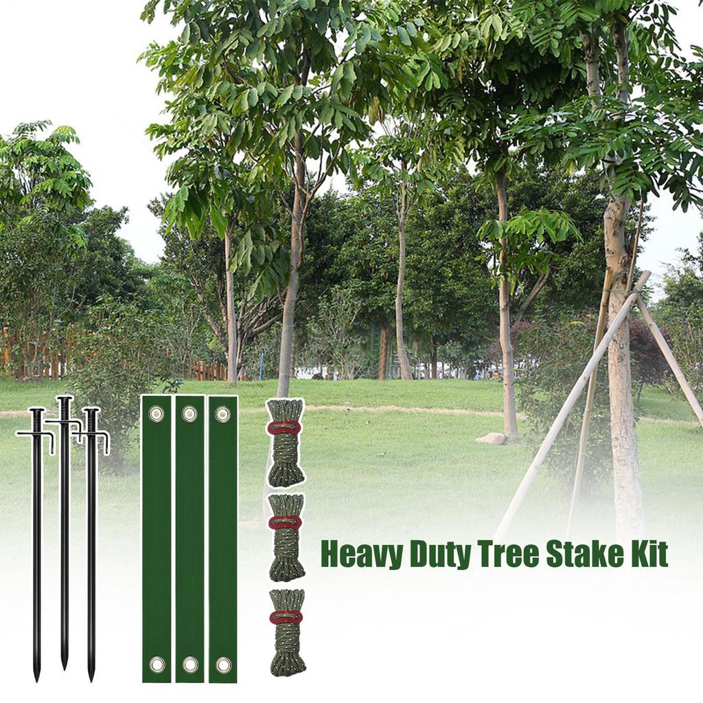 Heavy Duty Tree Stake Kit Metal Tree Stake With 3 Tree Straps And Ropes Tree Support Tools Leaning Trees Protection Stake Kit
