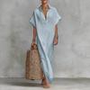 Summer Cotton Linen Dress for Women Short Sleeve Button Up Long Dress Casual Loose Beach Tunic Sundress