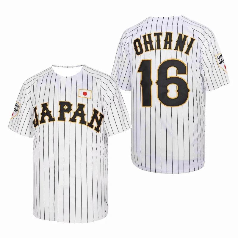 Japan 16 Ohtani Baseball Trikot Schwarz Weiß Gestreift Samurai 3D Druck Hochwertiges Outdoor Sportbekleidung T-Shirt für Familie Kinder Günstig
