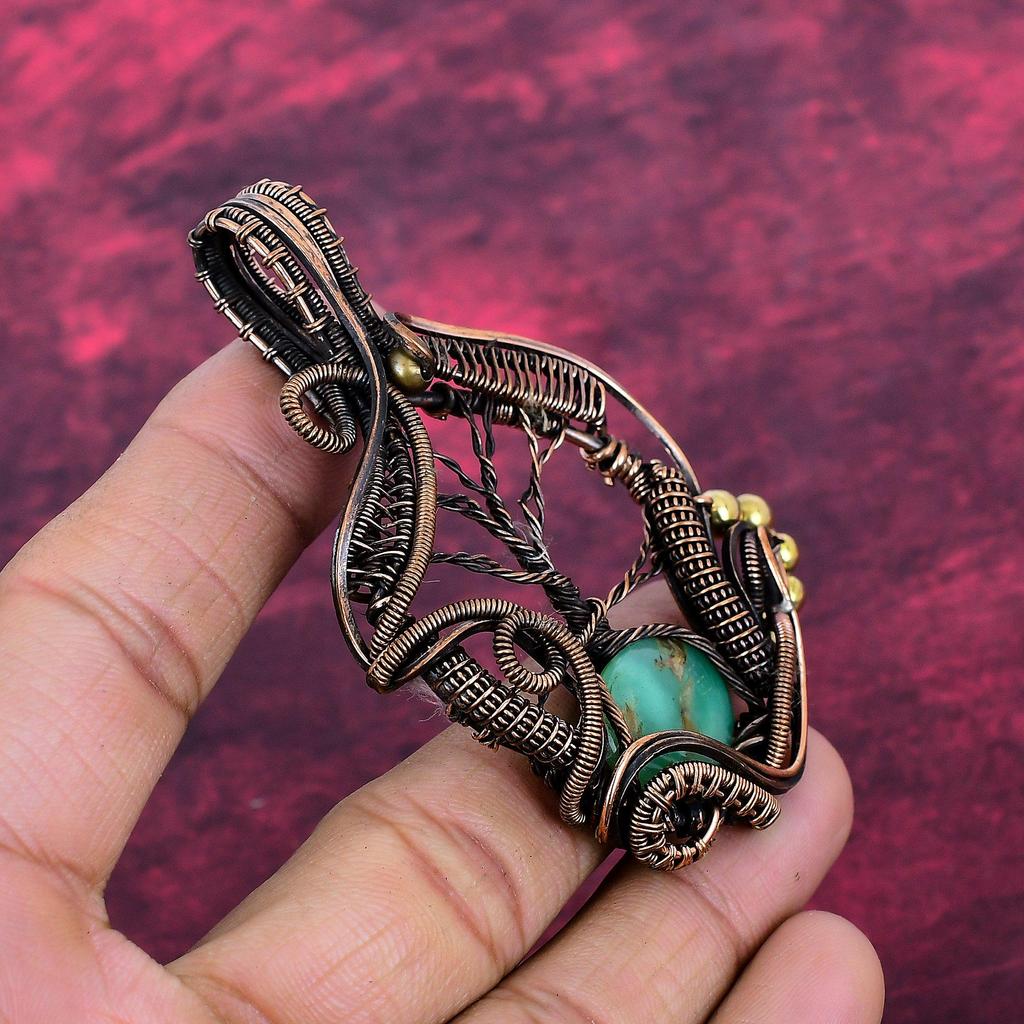 Tree Of Life Chrysoprase Gemstone Pendant Copper Wire Wrapped Handmade Jewelry