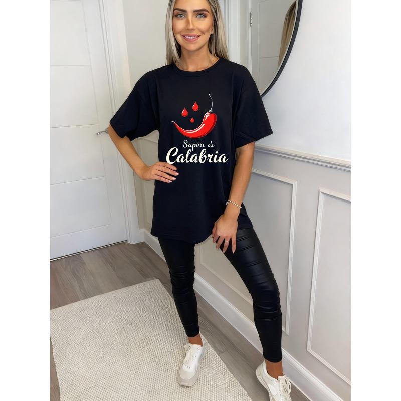 Übergroßes T-Shirt Schwarz Rote Chili und Sapor di Calabria Print Freizeitkleidung für Damen Sommer-Outfits Streetwear-Mode