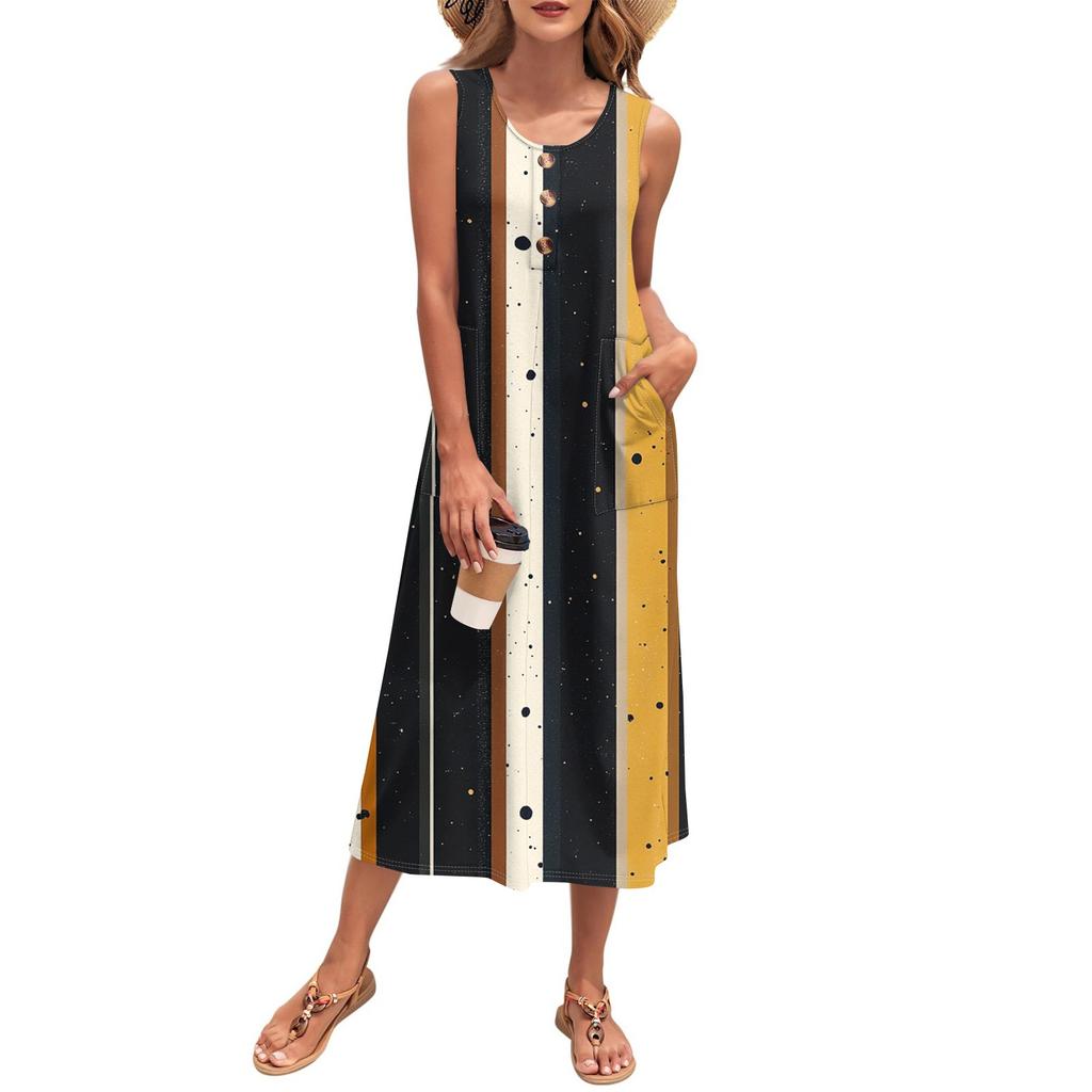 Women's Summer Maxi Dress Sleeveless Button Down Casual Loose Long Beach Sundress Travel Vacation Outfits
