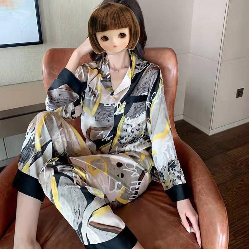 2 PCS Set Winter and Fall Pajamas Homewear Female Simulation Silk Ladies Nightwear Women Long-Sleeved Sleepwear Loungewear