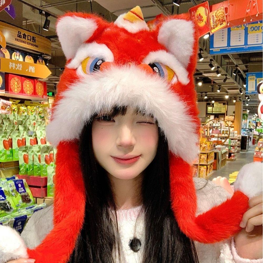 Ear Muffs Lion Dance Hat Ears Can Move Winter Warm Hat Creative Ear Protection Cap  New Year Gift