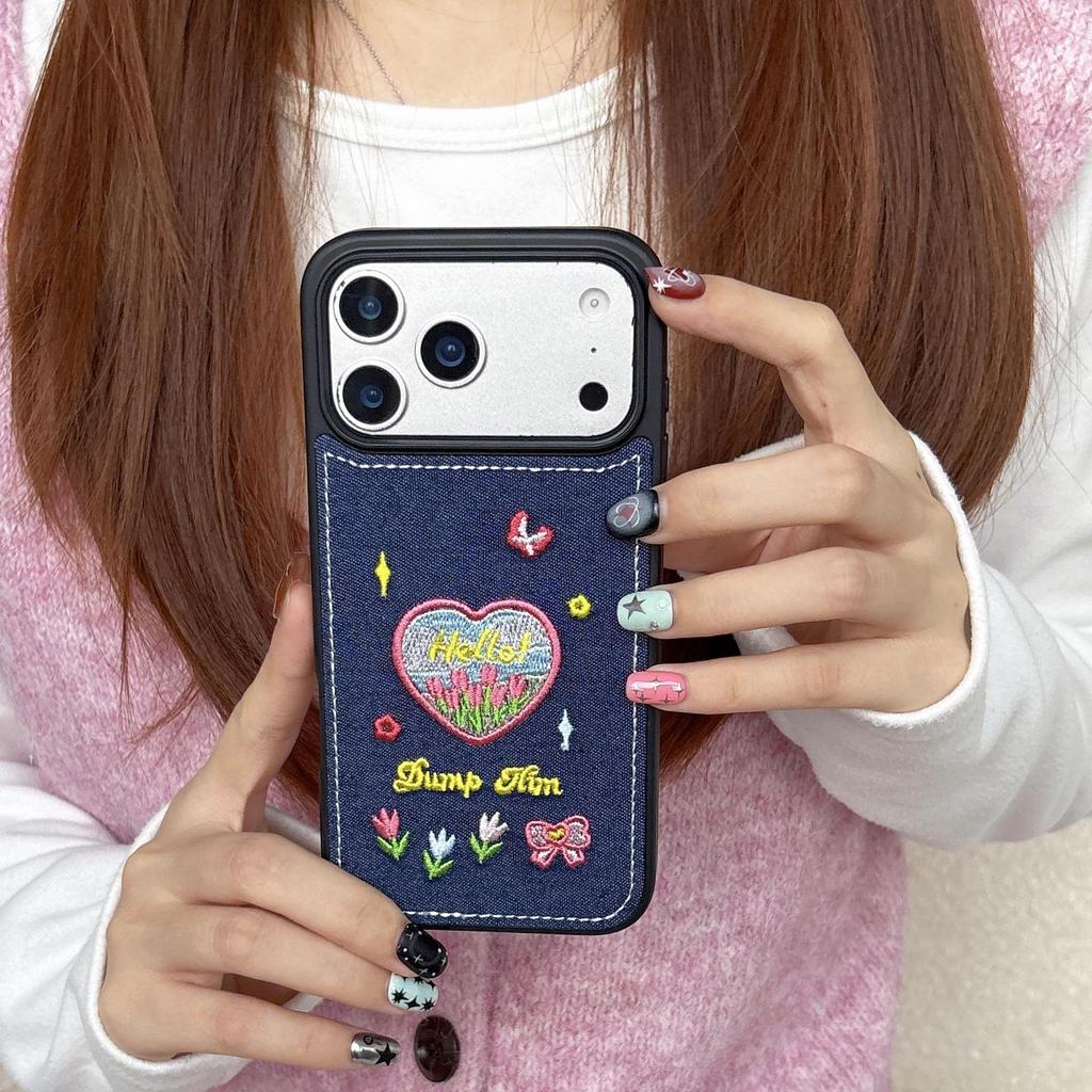Korean Embroidery Heart & Flower Denim Case for iPhone 14-17 Pro Max
