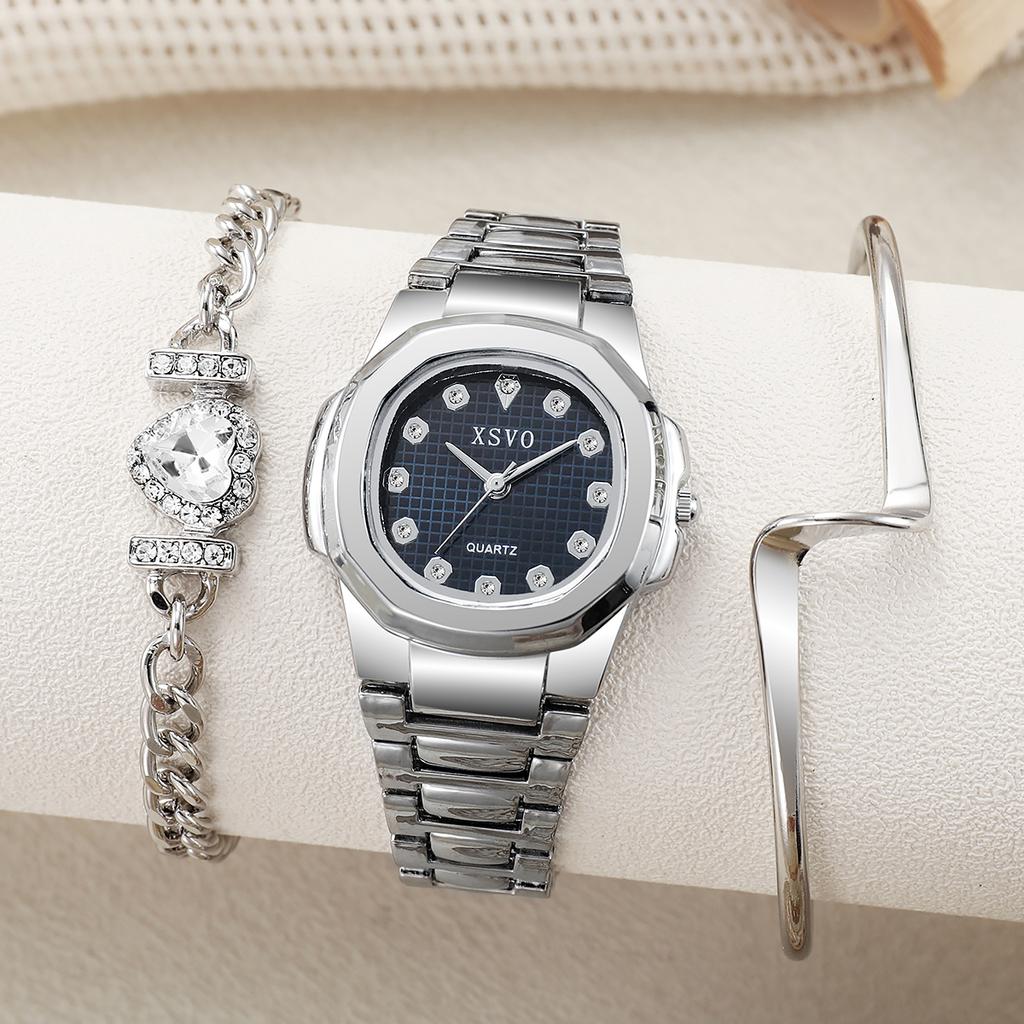 No Gift Box, Small Batch Watches, Korean Version of the Square Versatile Quartz Watches   Heart-shaped Diamond Bracelet 3 Sets