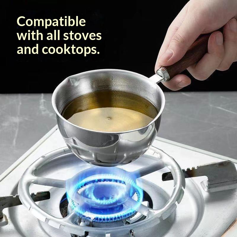 BPA Free Stainless Steel Oil Pot Fast Heating Anti-Scald Wooden Handle Dripless for Home Kitchen Seasoning Oil Pouring