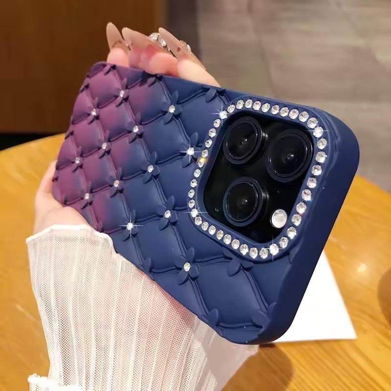 Luxury Glitter Rhinestone 6D Flowers Case for IPhone 17air 13 14 15 16 Pro Max Gradient Color Soft Silicone Shockproof Cover