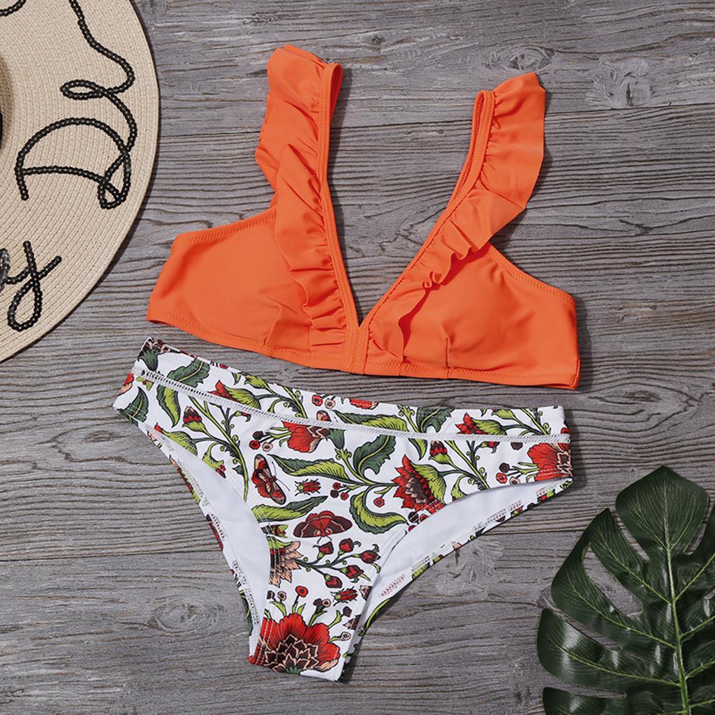 Women's Sexy Ruffle High Waist High Cut Leg Print Bikini Set Two Piece Swimsuit