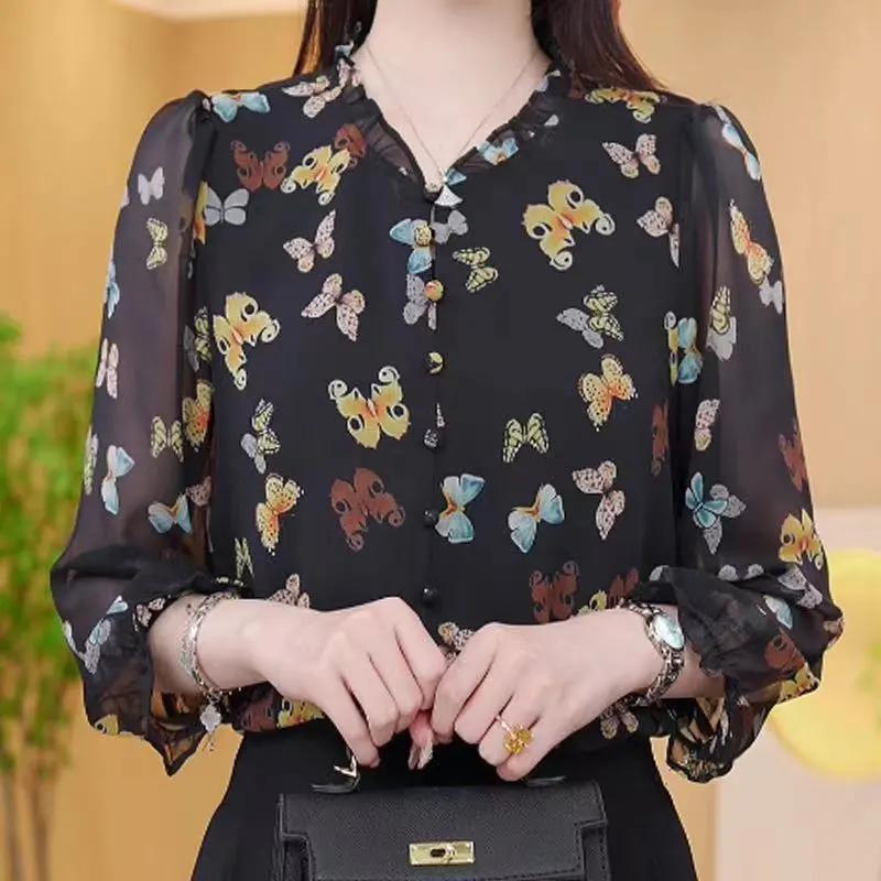 Women s Butterfly Print Sheer Chiffon Blouse Long Sleeve Casual Loose Top L зелёный