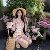 Dopamine Color Floral V-neck Neck Dress Women's Summer Seaside Vacation Wind Backside Island Beach Skirt