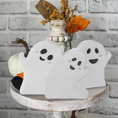 3 Stück/Set Halloween Geist Etagere Ornament Bauernhaus Rustikal Holz Cartoon Geist Tischschild Etagen-Tablett Desktop-Ornament