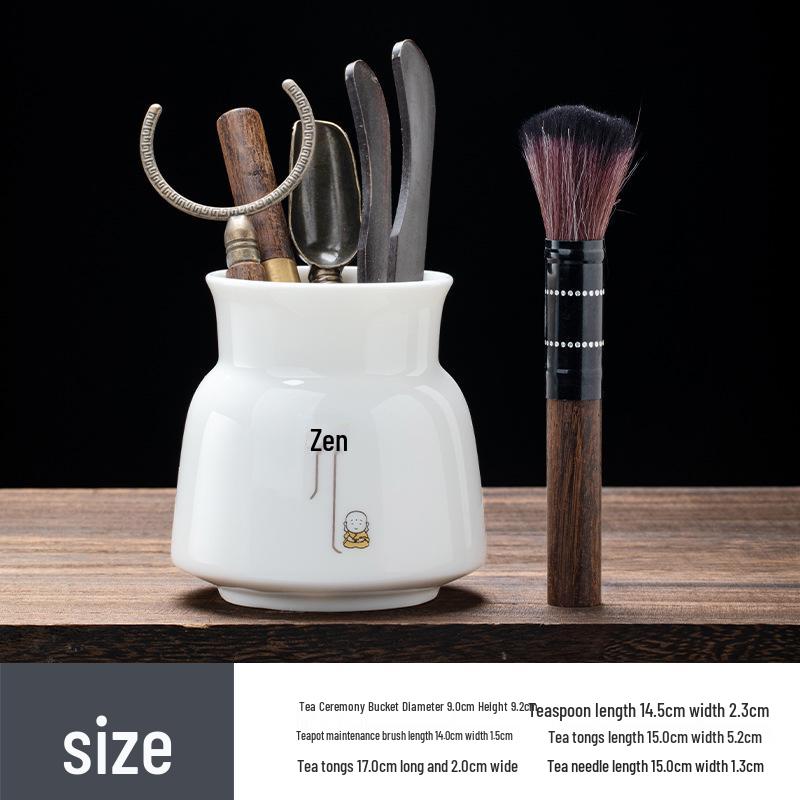 Zen Style Porcelain Tea Ceremony Set: Mutton Fat Jade & Copper Gongfu Tools - 6 Gentlemen