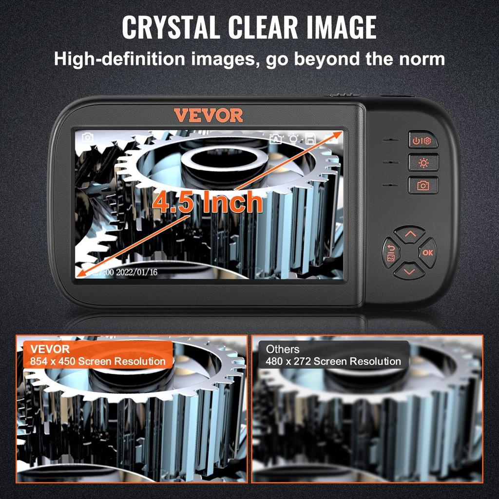 Triple Lens Endoscope Camera, 4.5" IPS Screen Borescope Inspection Camera with 1080P Lens, Semi-rigid Snake Cable, 8 Lights, 2860 mAh Battery,