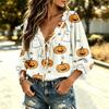 Women's Halloween Print V-Neck Ruffle Blouse with Tie Front and for Party