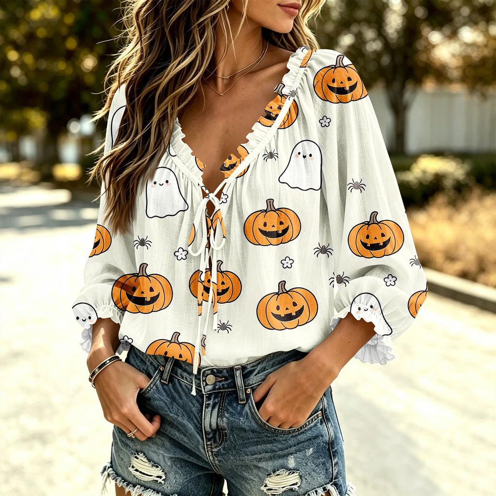 Women's Halloween Print V-Neck Ruffle Blouse with Tie Front and for Party